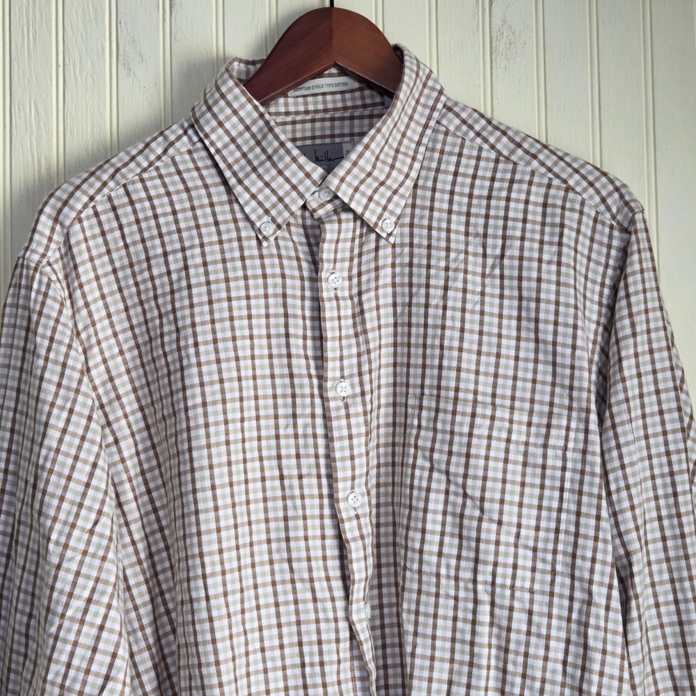 Nicole Miller Dress Shirt Mens 17.5 32/33 Brown Check 100% Cotton Long Sleeve